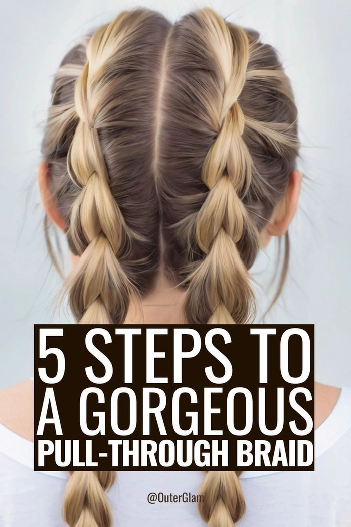 Casual thick hair styled in a quick pull through braid number 2 Quick pull through braid hairstyle on thick hair for a casual look