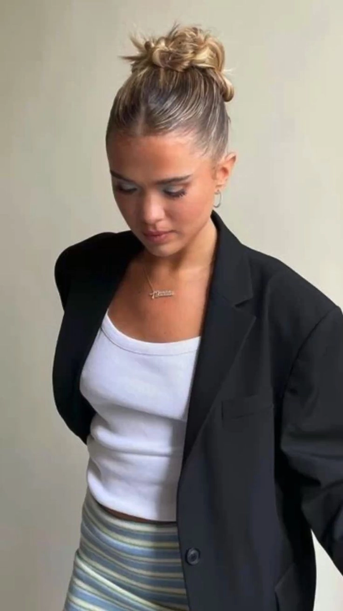 Clean girl casual aesthetic with quick slicked back low bun
