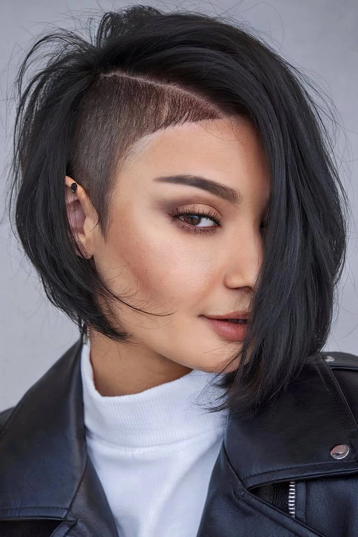 Woman with relaxed side swept hairstyle on asymmetrical bob for casual look