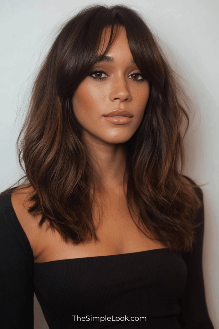 Relaxed bouncy blowout hairstyle on medium-length hair perfect for a casual weekend look