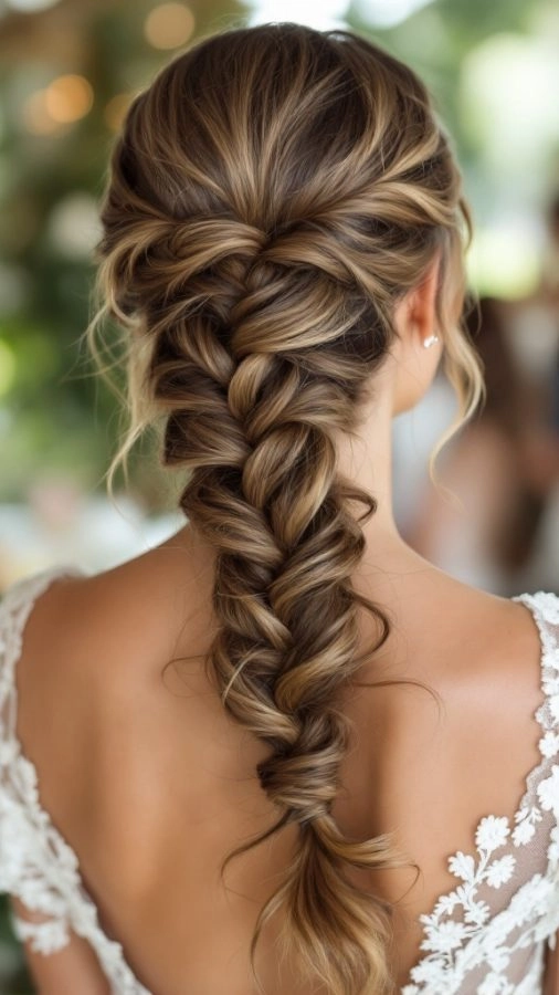 Relaxed fishtail braid hairstyle on thick wavy hair for a casual look
