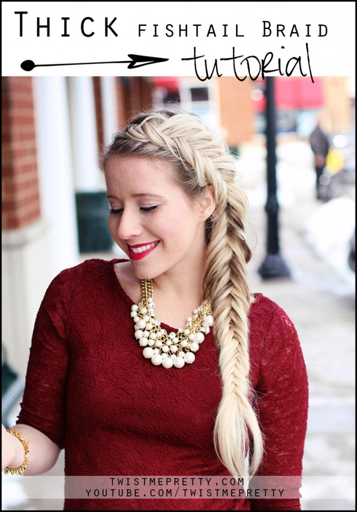 Relaxed fishtail braid hairstyle on thick wavy hair for a casual look