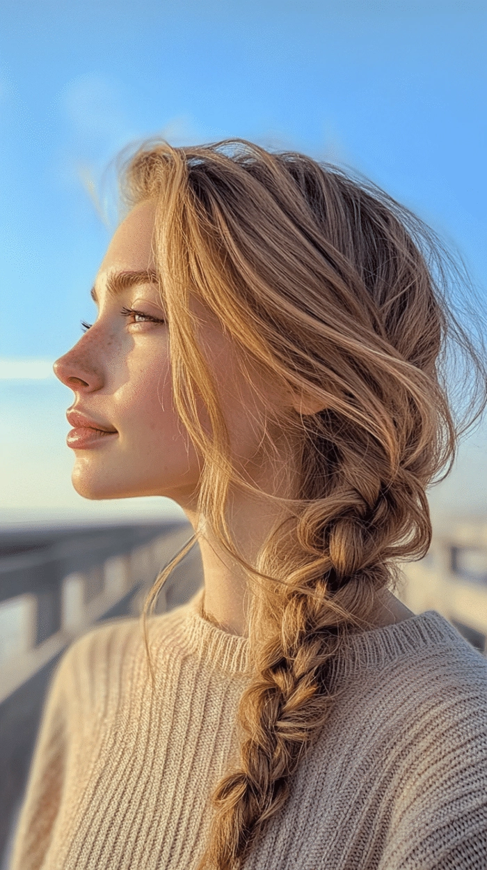 Relaxed fishtail braid hairstyle on thick wavy hair for a casual look