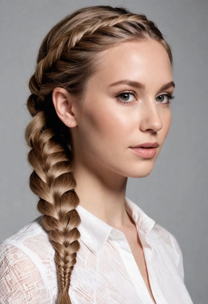 Woman with a relaxed fishtail braid styled in thick wavy hair for a casual look