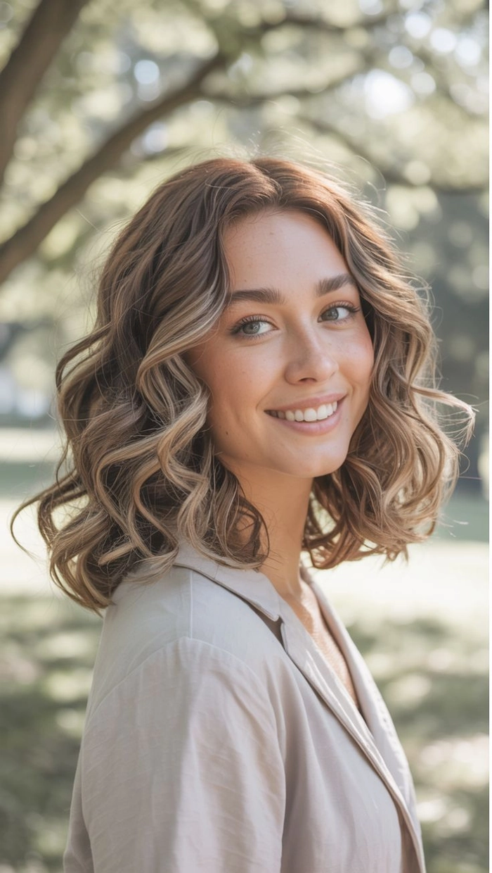 Casual hairstyle featuring relaxed loose curls on medium length hair Relaxed loose curls styled on medium length hair for a casual look