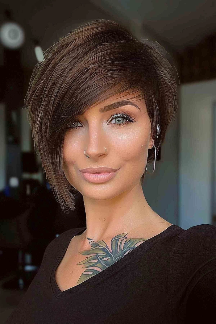 Woman with a relaxed side swept hairstyle on an asymmetrical bob for casual look