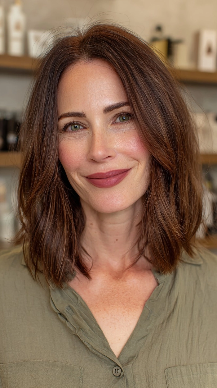 Relaxed soft waves flowing gently at collarbone length for a casual look