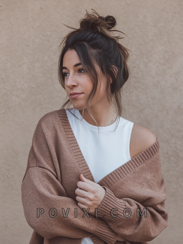 Woman with a relaxed top knot hairstyle perfect for humid weather