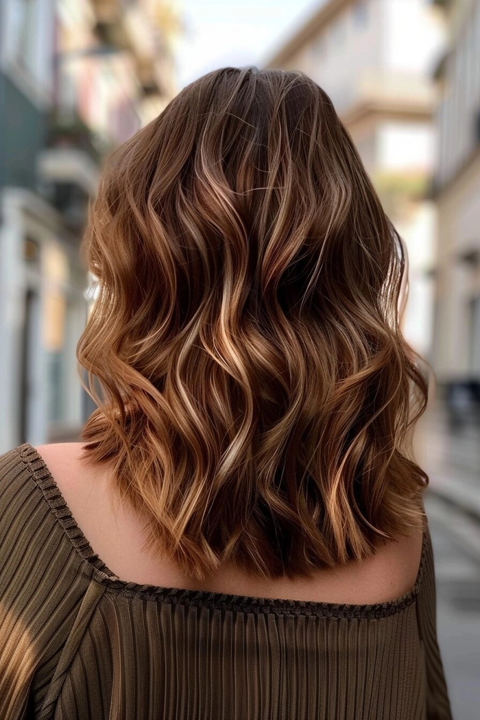Relaxed tousled waves hairstyle on long highlighted hair in a casual look