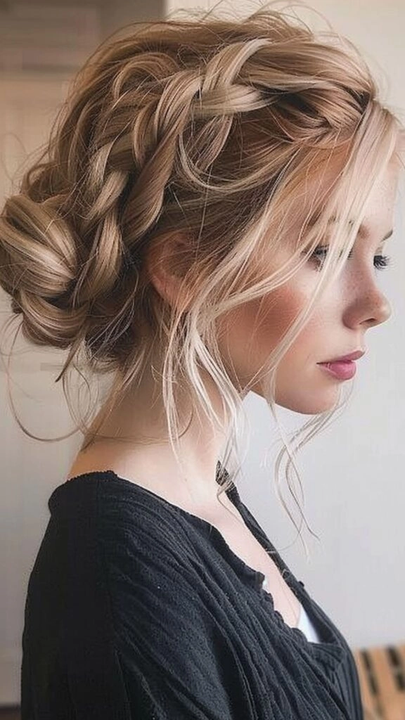 Casual messy updo with wispy strands around the face for round faces Relaxed updo with soft face framing pieces flattering a round face shape