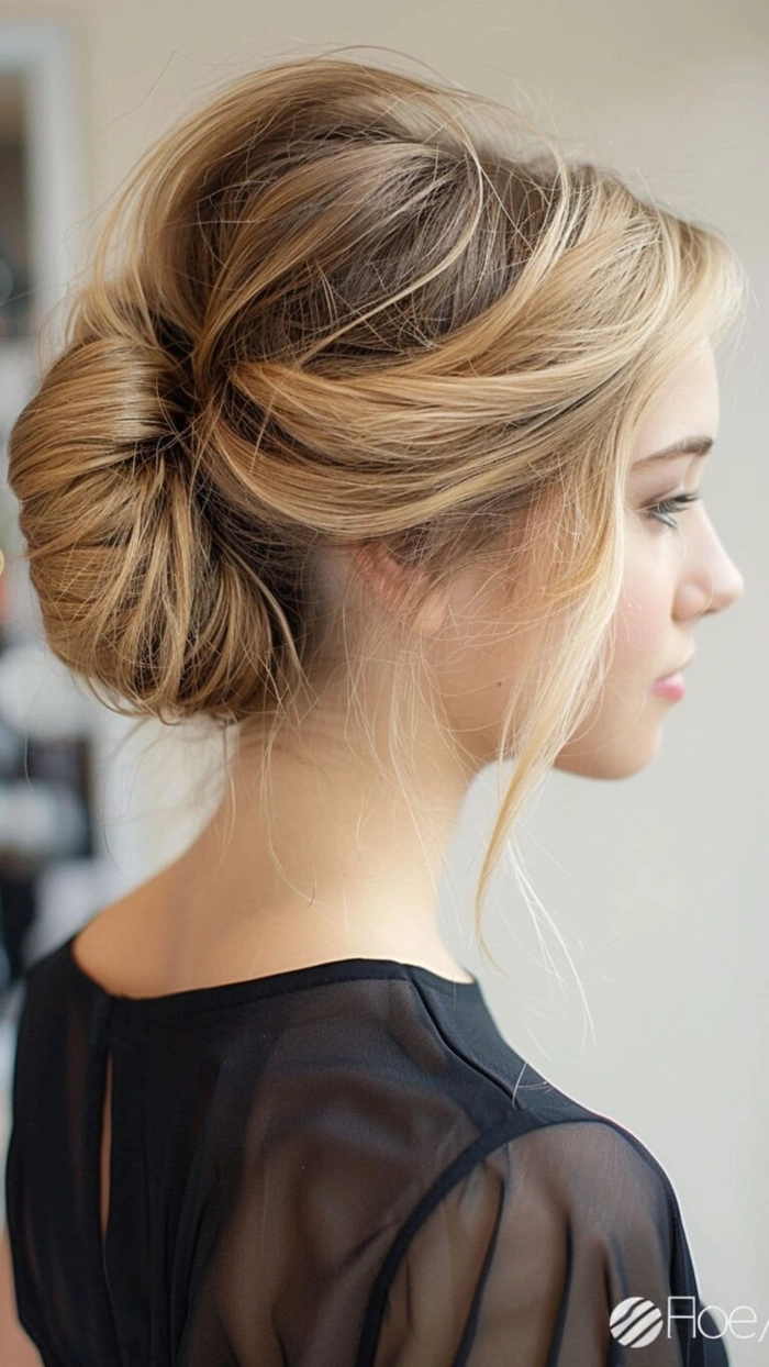 Casual hairstyle featuring a soft updo and gentle face-framing layers for round face shapes Relaxed updo with face-framing pieces for round faces