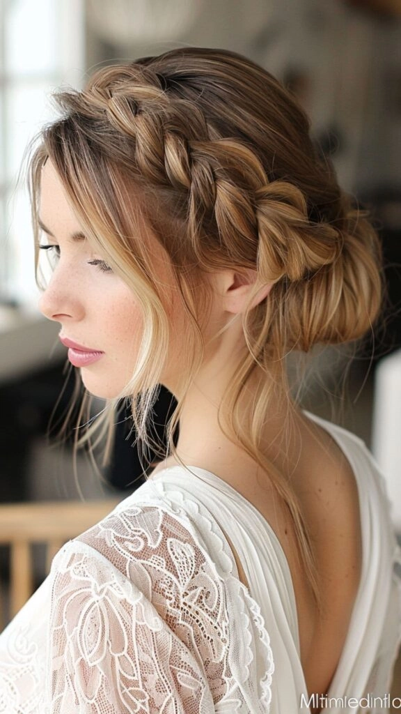 Casual hairstyle featuring a relaxed updo and soft face framing layers for round face shapes Relaxed updo with face framing pieces for round faces in a casual style