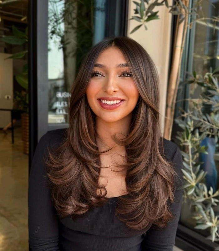 Relaxed Voluminous Blowout for Casual Weekend Brunch Woman with a relaxed voluminous blowout hairstyle ideal for a long casual weekend brunch