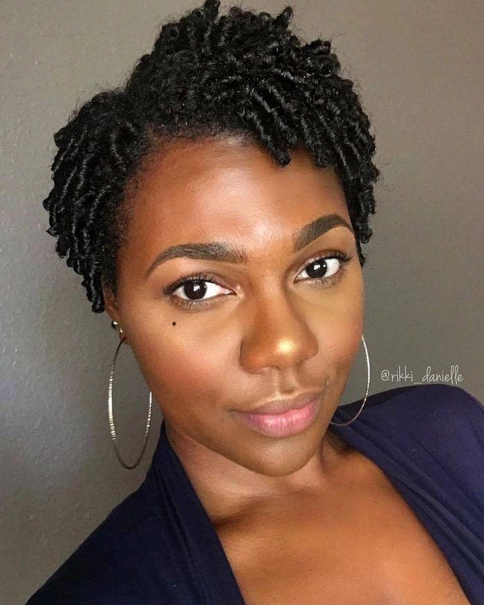 Short natural hair with everyday defined coils styled casually for a relaxed look