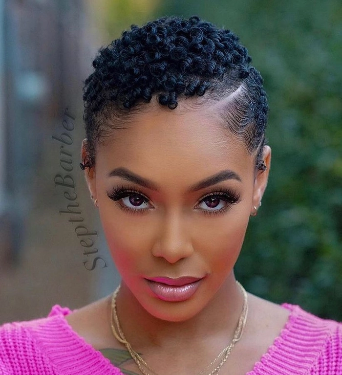 Short natural hair styled with everyday defined coils for a casual look