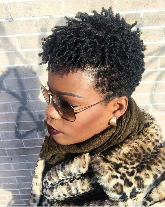 Short natural hair styled with defined coils for a casual everyday look