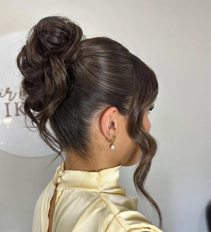 Easy sleek bun hairstyle for curly hair, side view