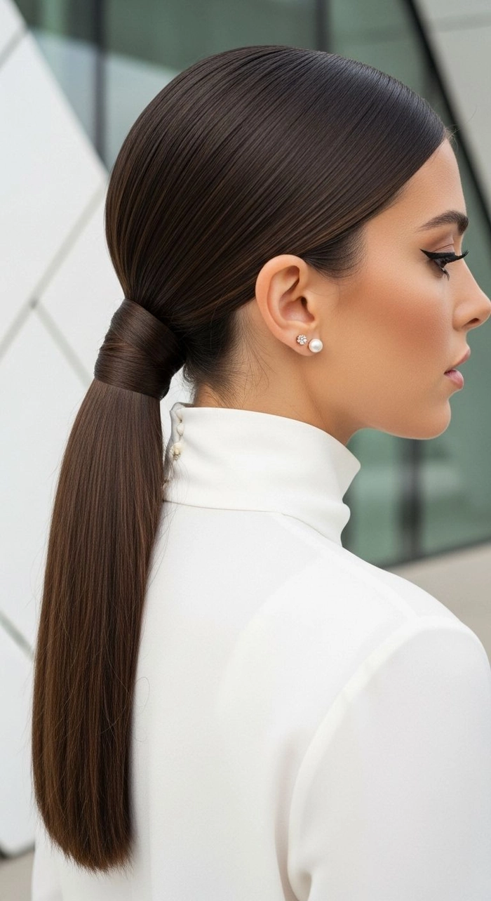 Casual hairstyle inspiration featuring a simple low ponytail for daily wear Everyday sleek low ponytail perfect for minimalist casual outfits