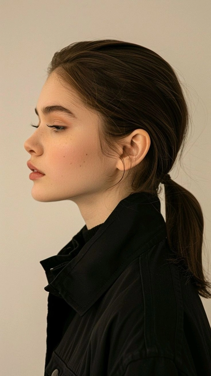 Casual hairstyle featuring a sleek low ponytail for simple everyday looks Everyday sleek low ponytail styled for minimalist casual outfits