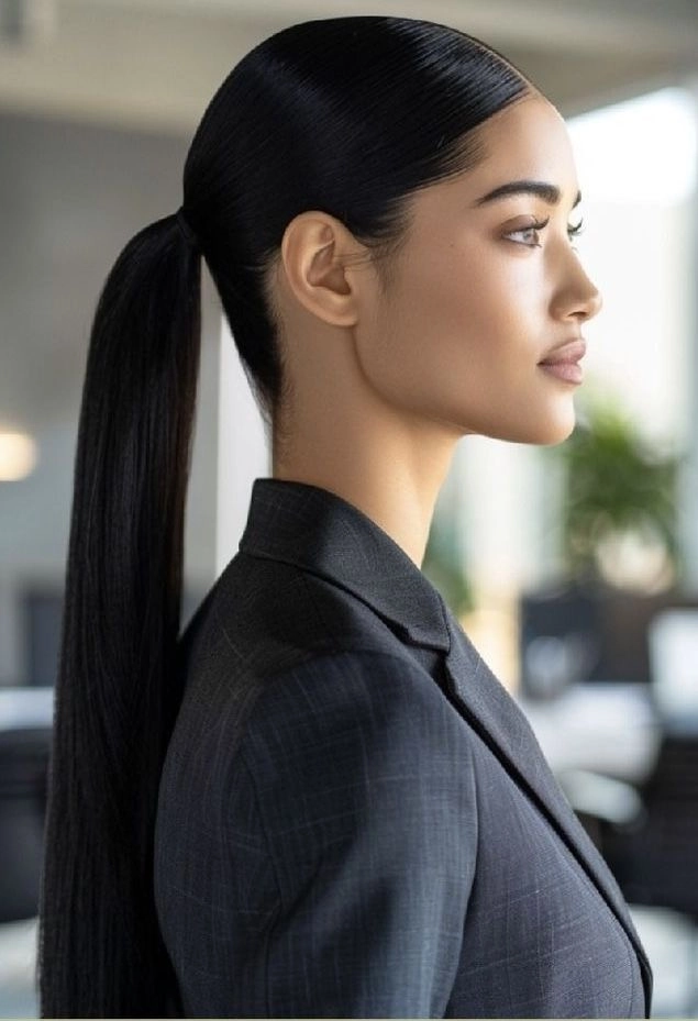Casual hairstyle featuring a smooth low ponytail for a chic and simple look Everyday sleek low ponytail hairstyle perfect for minimalist casual outfits