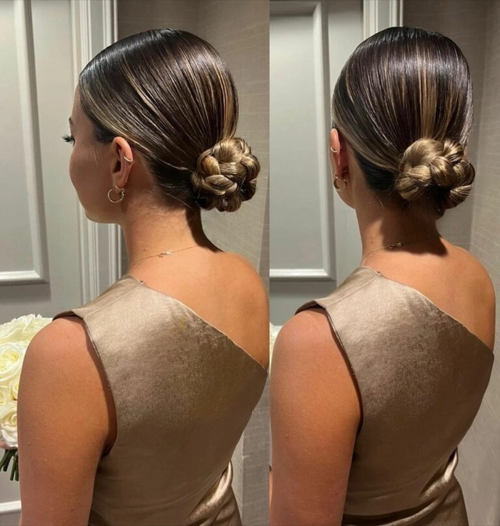 Quick slicked back low bun hairstyle for a clean girl casual aesthetic, side view