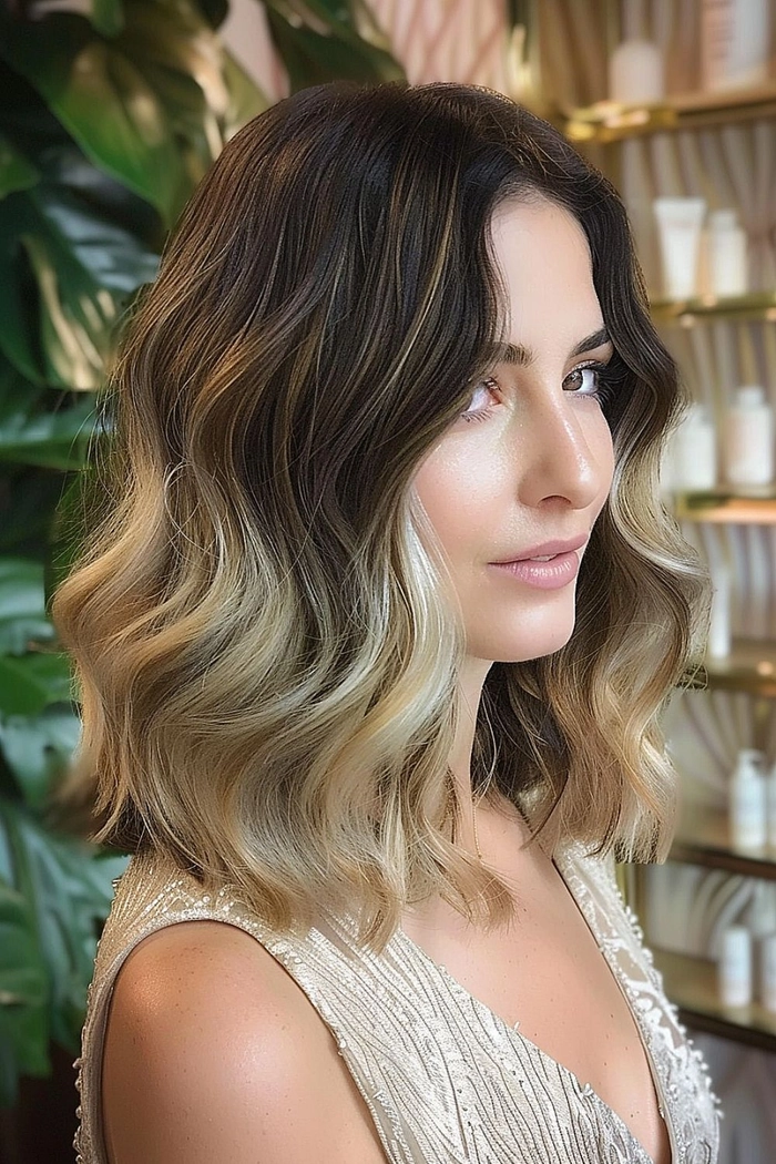 Relaxed soft waves falling naturally around collarbone length hair for an effortless casual look
