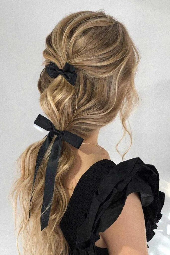 Step by step quick ribbon ponytail styles for coquette casual fashion look