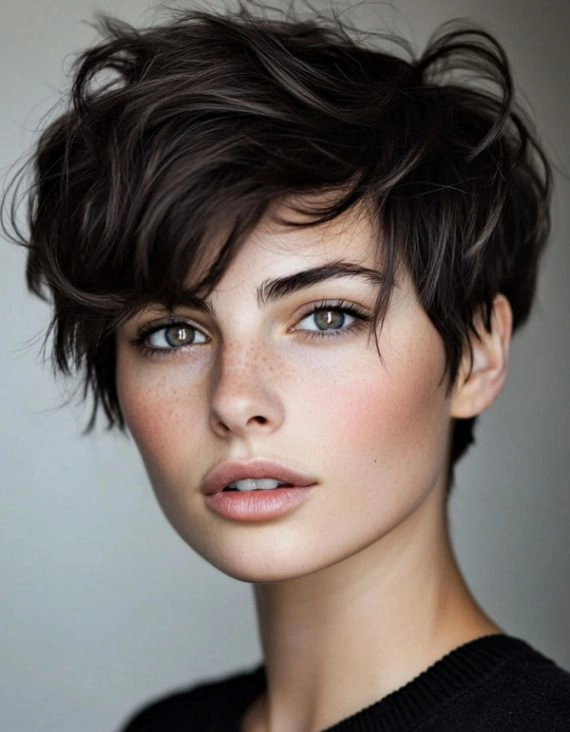 Casual hairstyle featuring a textured pixie for an effortlessly cool look Effortless textured pixie cut styled for a casual and edgy appearance