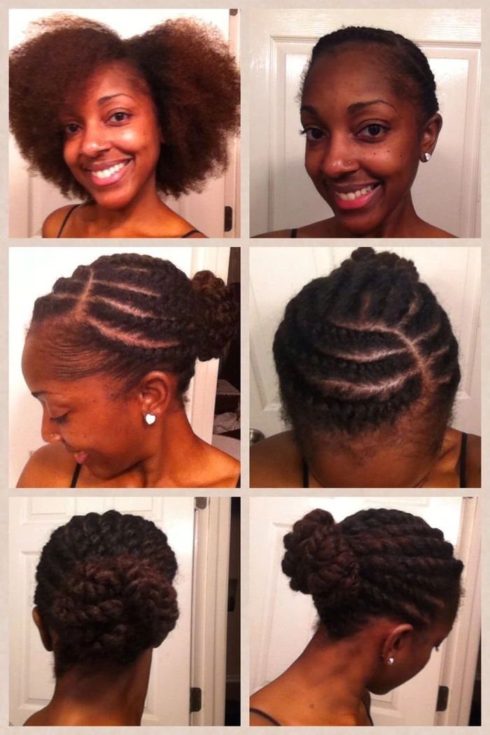 Everyday protective styles featuring braided cornrows and twists for transitioning natural hair