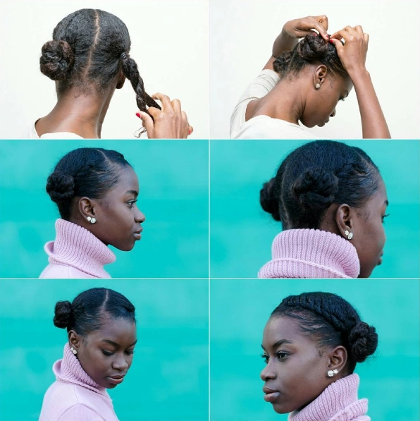 Everyday protective style for transitioning natural hair, casual updo with soft braids on medium-length hair