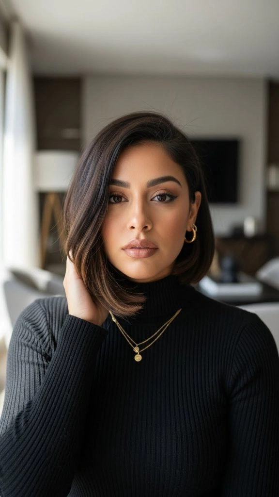Simple tucked behind ears blunt bob hairstyle for casual look