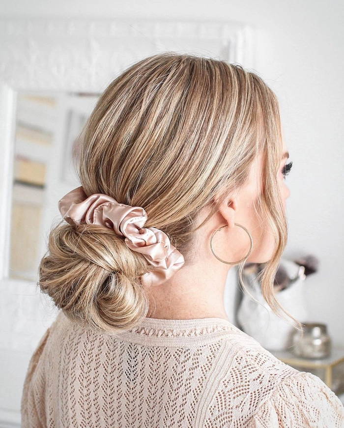 Simple velvet scrunchie for a cozy winter updo hairstyle