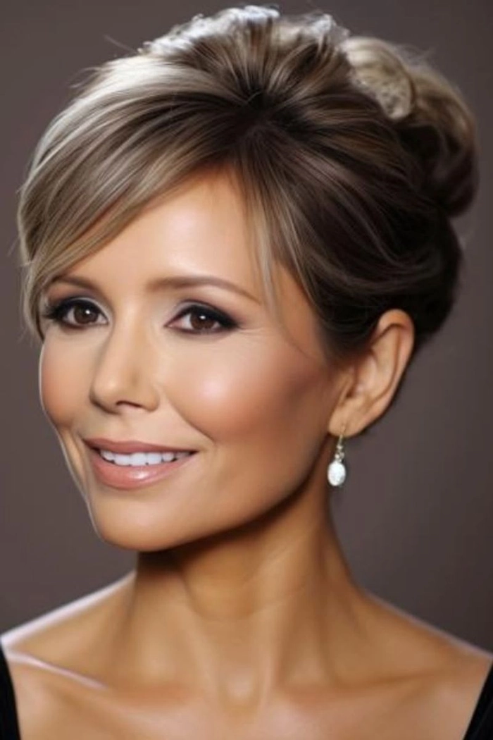 Woman over 40 with a relaxed low bun hairstyle in a casual setting
