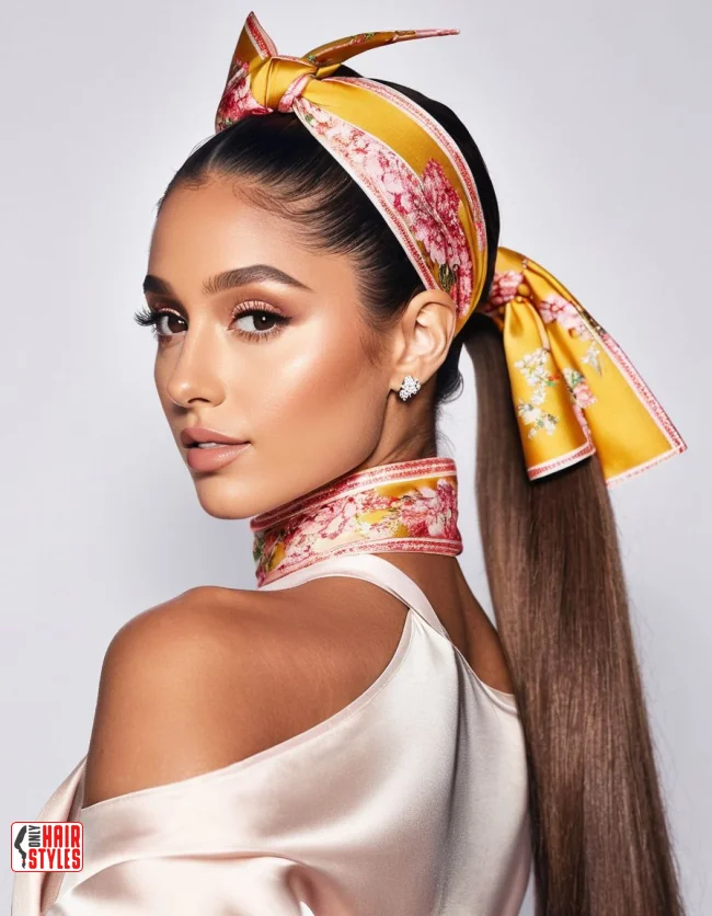 Effortless quick bandana ponytail style for a vintage casual look Woman with a quick bandana ponytail demonstrating retro casual vibes