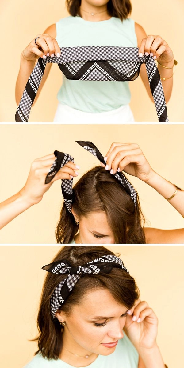 Simple bandana top knot for casual summer festival hairstyles Woman with a simple bandana top knot hairstyle at a summer festival