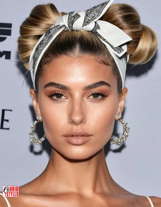 Easy bandana top knot for casual summer festival look Woman with a simple bandana top knot hairstyle at a summer festival