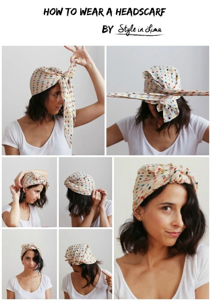 Easy bandana top knot hairstyle for summer music festivals Woman wearing a simple bandana top knot hairstyle at a casual summer festival