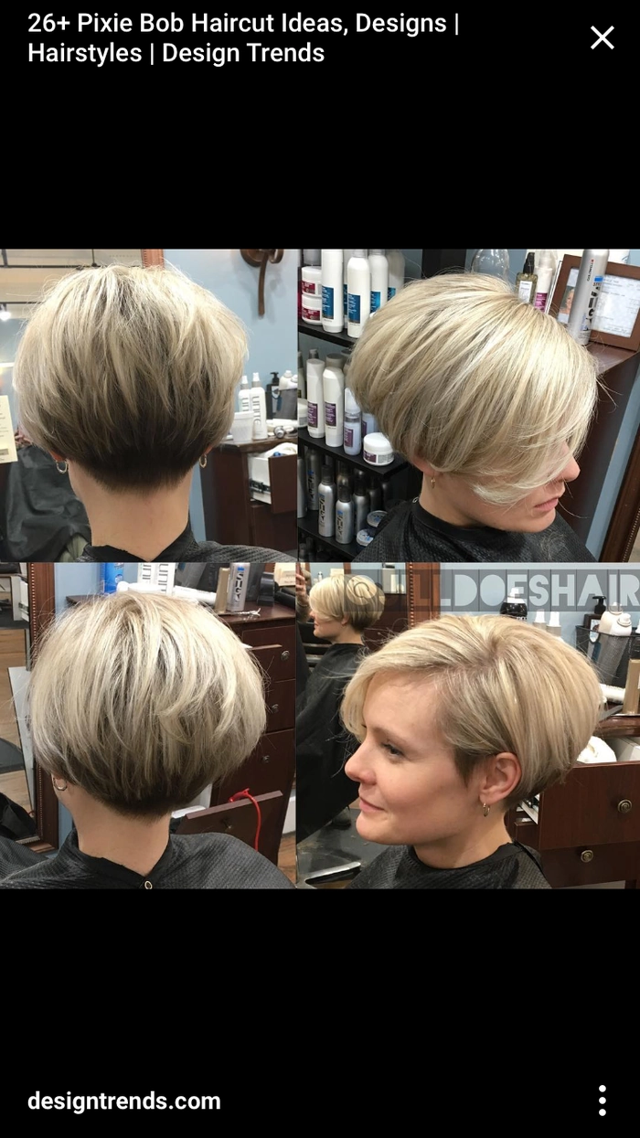 Woman with blunt bob haircut tucked behind ears in casual style