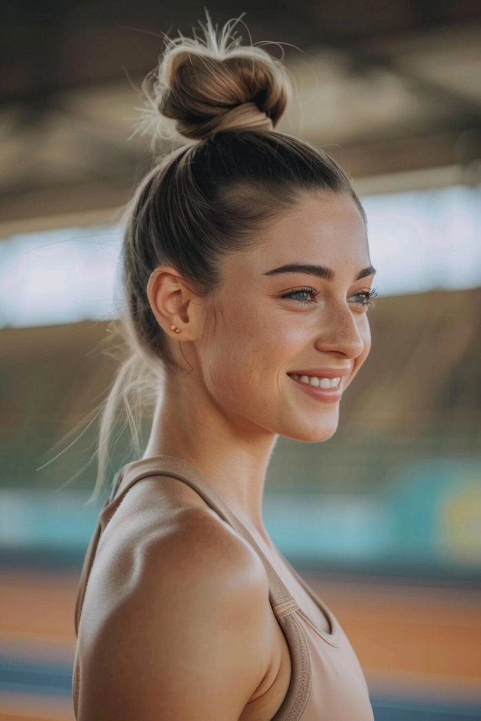 Quick High Bun Variations: Effortless Updo for Casual Athletic Wear Woman in casual athletic wear styling a quick high bun variation