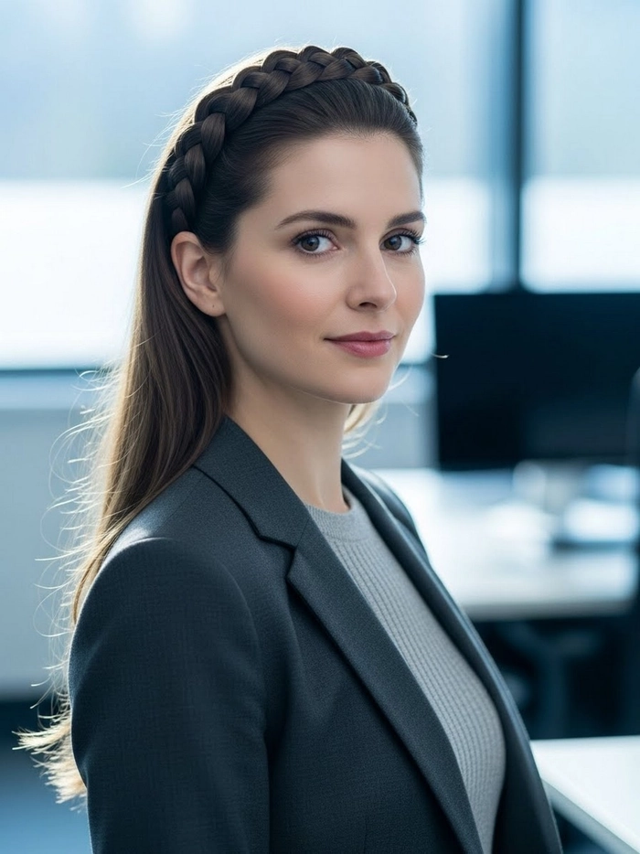 Woman wearing a casual braided headband styled with long straight hair outdoors
