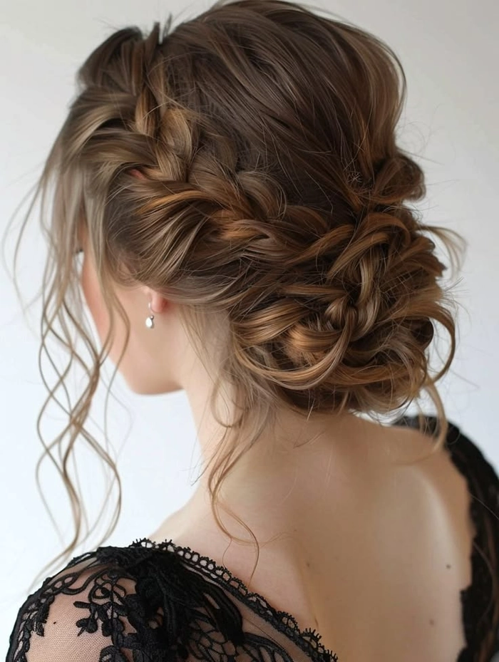Woman with a casual messy bun hairstyle on long brown hair