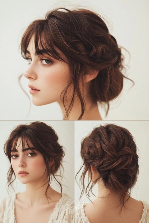 Woman with a casual messy bun hairstyle on long hair, perfect for everyday wear