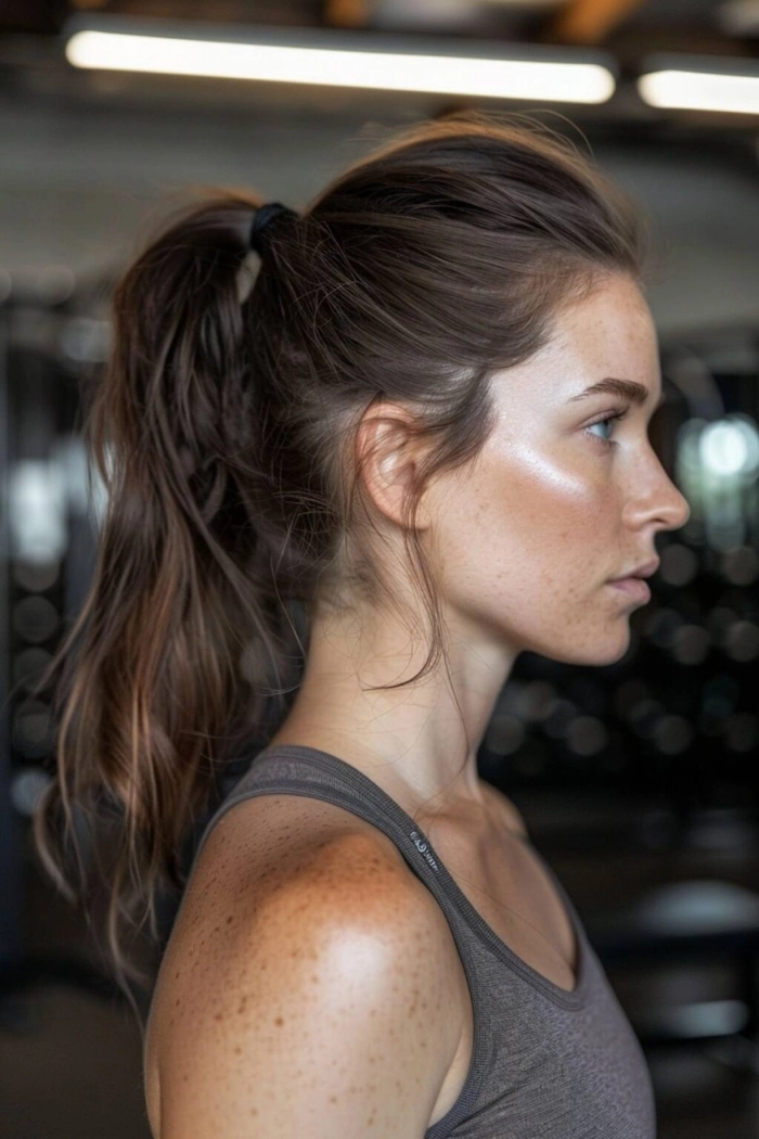Casual ponytail style perfect for active gym sessions Woman with a casual ponytail variation for gym workouts, hair securely tied back