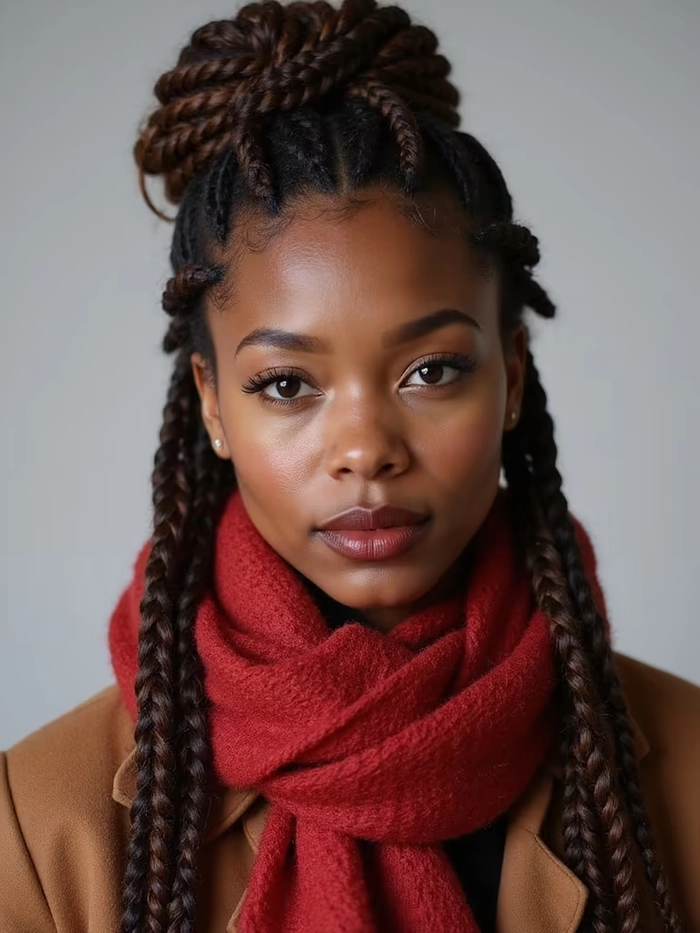 Woman styling a casual scarf hairstyle to protect hair during winter