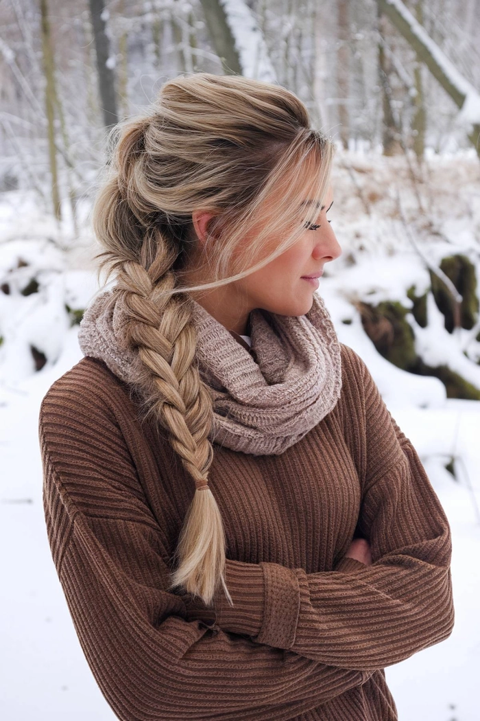 Woman wearing a casual scarf hairstyle to protect hair during winter