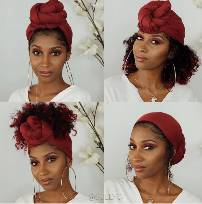 Woman wearing a casual scarf hairstyle to protect hair during winter