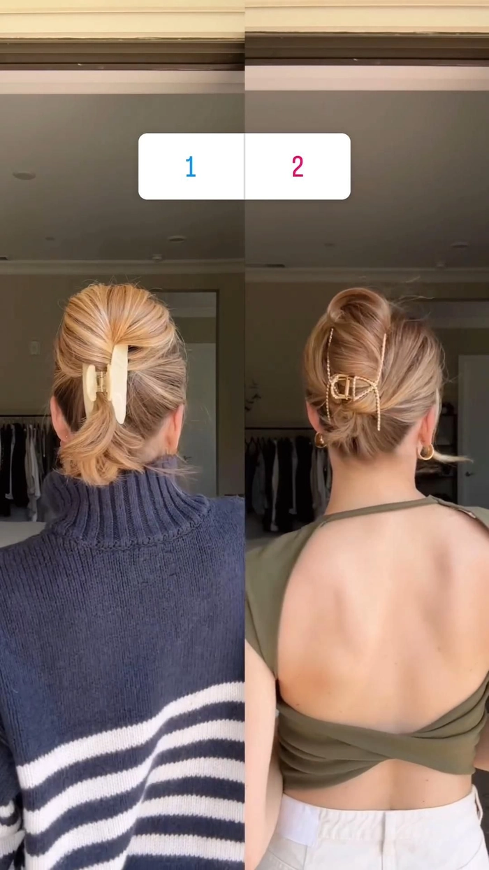 Casual Hairstyles Gallery Image 9 featuring simple claw clip twists for medium hair length Woman demonstrating simple claw clip twists for shoulder length hair in a casual setting