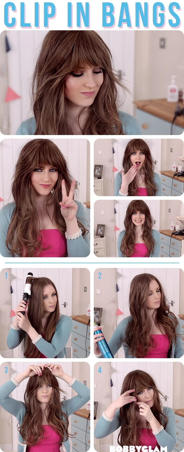 Simple Clip-In Bangs Styling for an Effortless Casual Hairstyle Makeover Woman with simple clip-in bangs gives her hairstyle a quick casual makeover at home