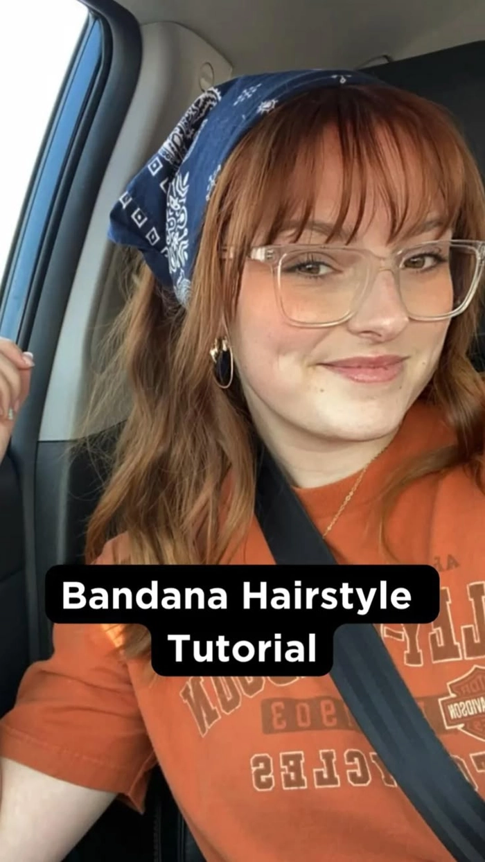 Effortless simple bandana hairstyles for bad hair days in casual style Woman wearing a colorful bandana with a casual bun for a bad hair day