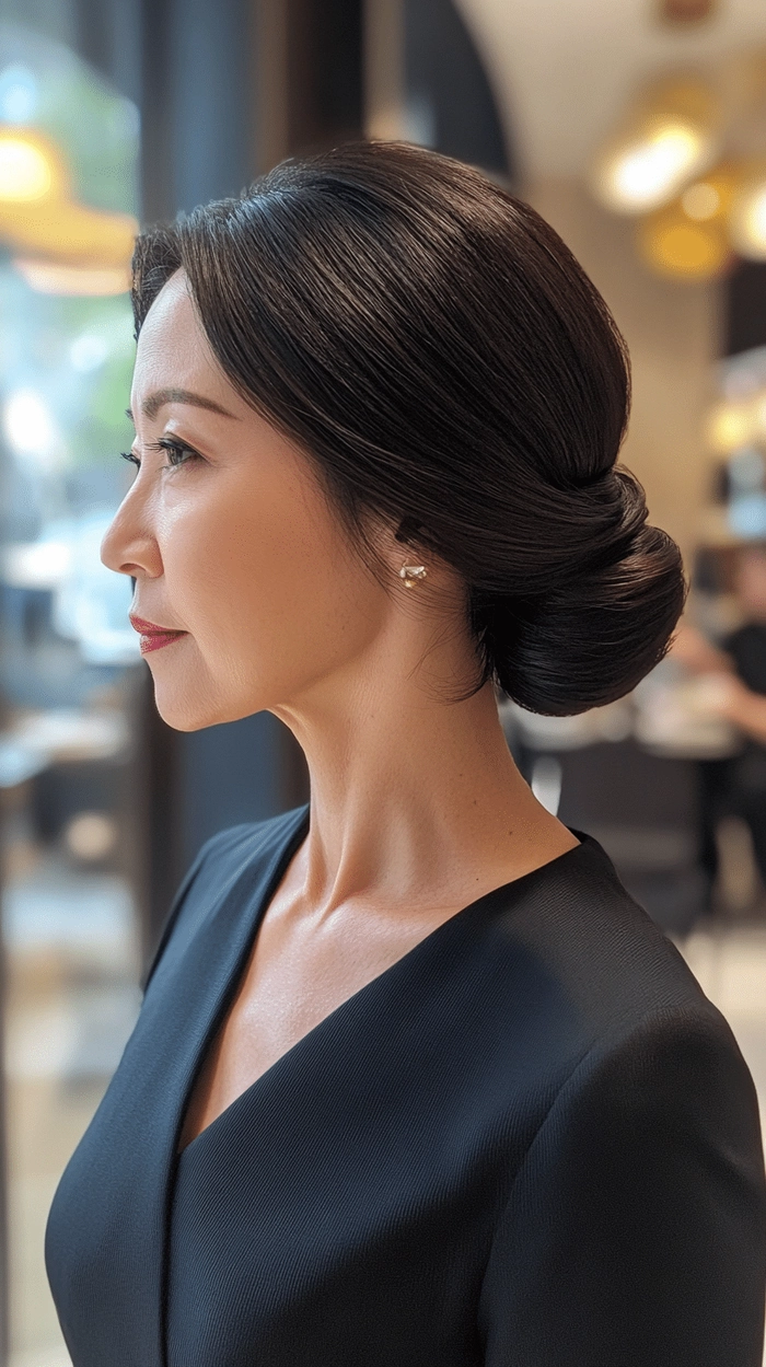 Woman with an effortless low chignon hairstyle perfect for casual evening dinners